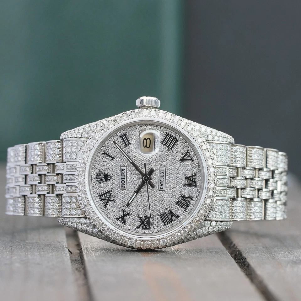 Reloj Rolex para hombre Datejust Iced Out completamente carga diamantes genuinos esfera romana 36 mm Foto 3 de 4