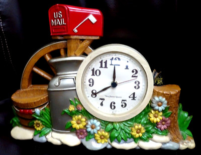 Vintage 1983 Burwood New Haven Quartz Milk Can/Mailbox Country Scene Wall Clock*