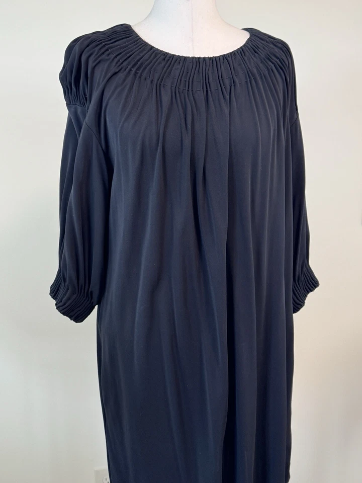 Vince Women's Large DRESS Black Loose Smocked Yoke 3/4 Sleeves Pockets - Image 2 of 4