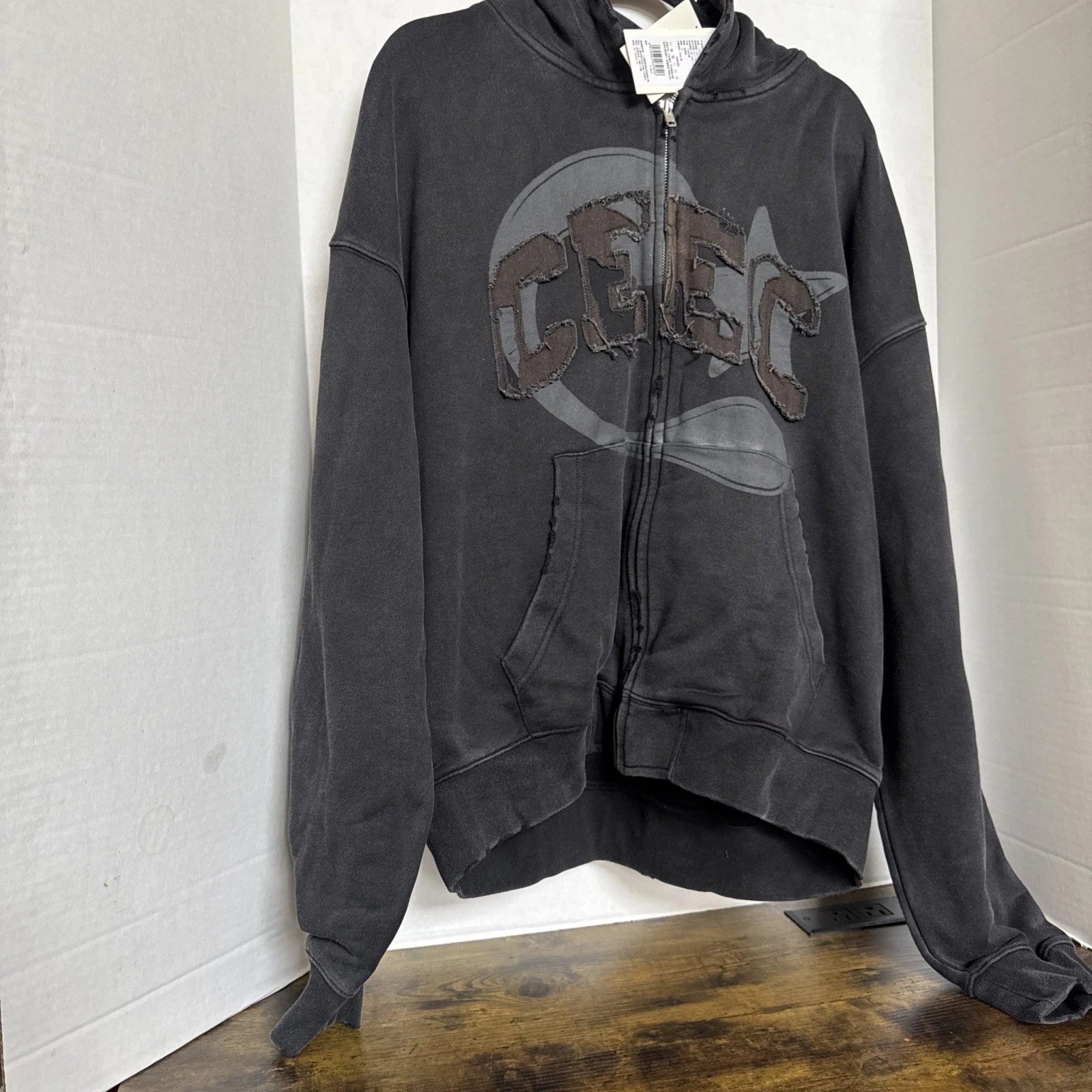 CEEC Full Zip Front Logo Hoodie W/Pocket Vintage Black Distressed  XL New image 3