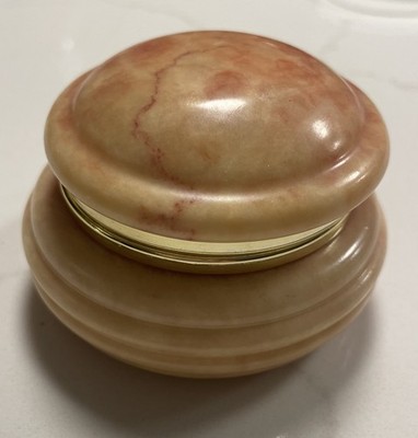 Vintage Ducceschi Alabaster Schmuckschatulle 7,5 cm rund Pfirsich Rosa Rose Creme Italy