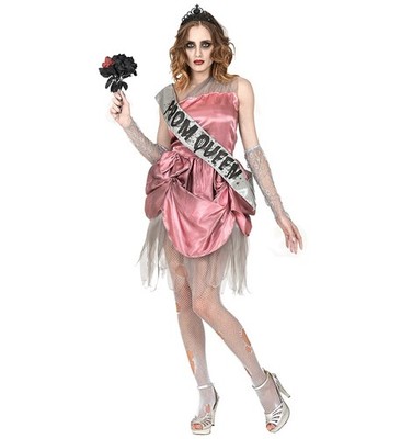Widmann Zombie Prom Queen (Dress With Sash, Fingerless Gloves, Tiara) (M) Pink
