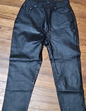 KC Collections Women's Black Leather Pants w/ Pockets Button Zip Closure