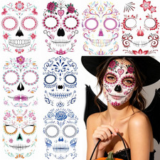 Dia De Muertos Face Tattoos, 8 Sheets Floral Sugar Skull Temporary Tattoos for D