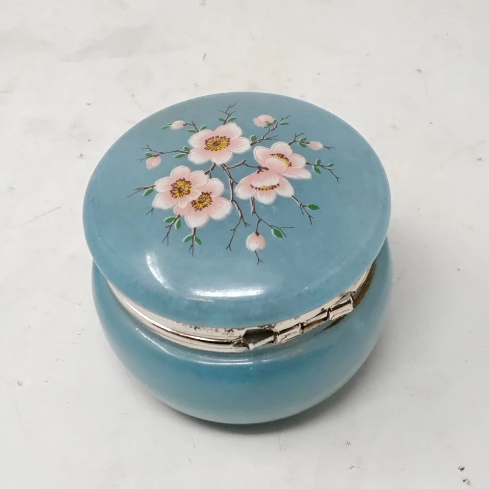 Vintage Blue Italian Alabaster Hinged Floral Trinket Jewellery Box Hand Carved - Image 4 of 4