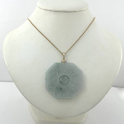Hand-Carved Eight Trigrams Jade 14k Yellow Gold Pendant