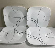 Set 4 Corelle SIMPLE LINES Square Dinner Plates 10 1/2" Black & White