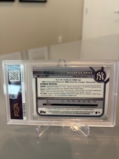Roderick Arias Topps 2022 Bowman Chrome Yankees RC Auto CPA-RA PSA 10 view 6