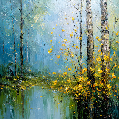 Original Hand Painted Forest Lake Landscape Acrylic Painting on Canvas 16x16