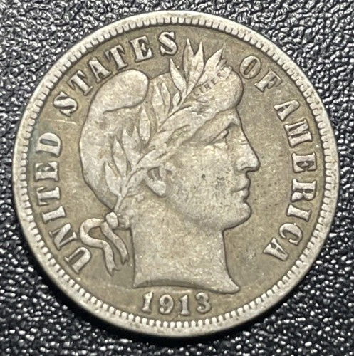 1913-S Barber Dime Semi Key Date Silver Sharp Details Better Grade Toned