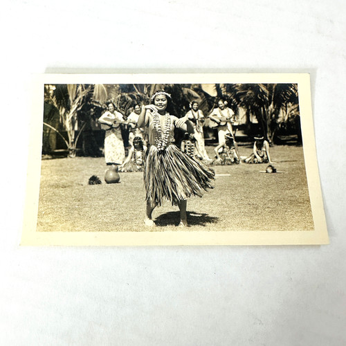 WWII 1941 Photo Hawaii Hula Girls Dancing Grass Skirts Leis Guitars 4.5x2.75”