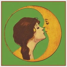 Vintage Art Deco Woman Whispering Crescent Moon Counted Cross Stitch Pattern