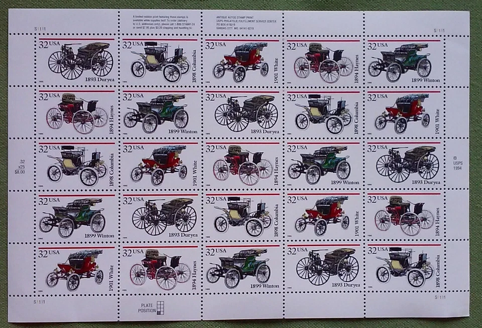 Two Souvenir Sheets x 25 = 50 ANTIQUE AUTOS 32¢ US Postage Stamps. # 3019-3023 - Image 2 of 4