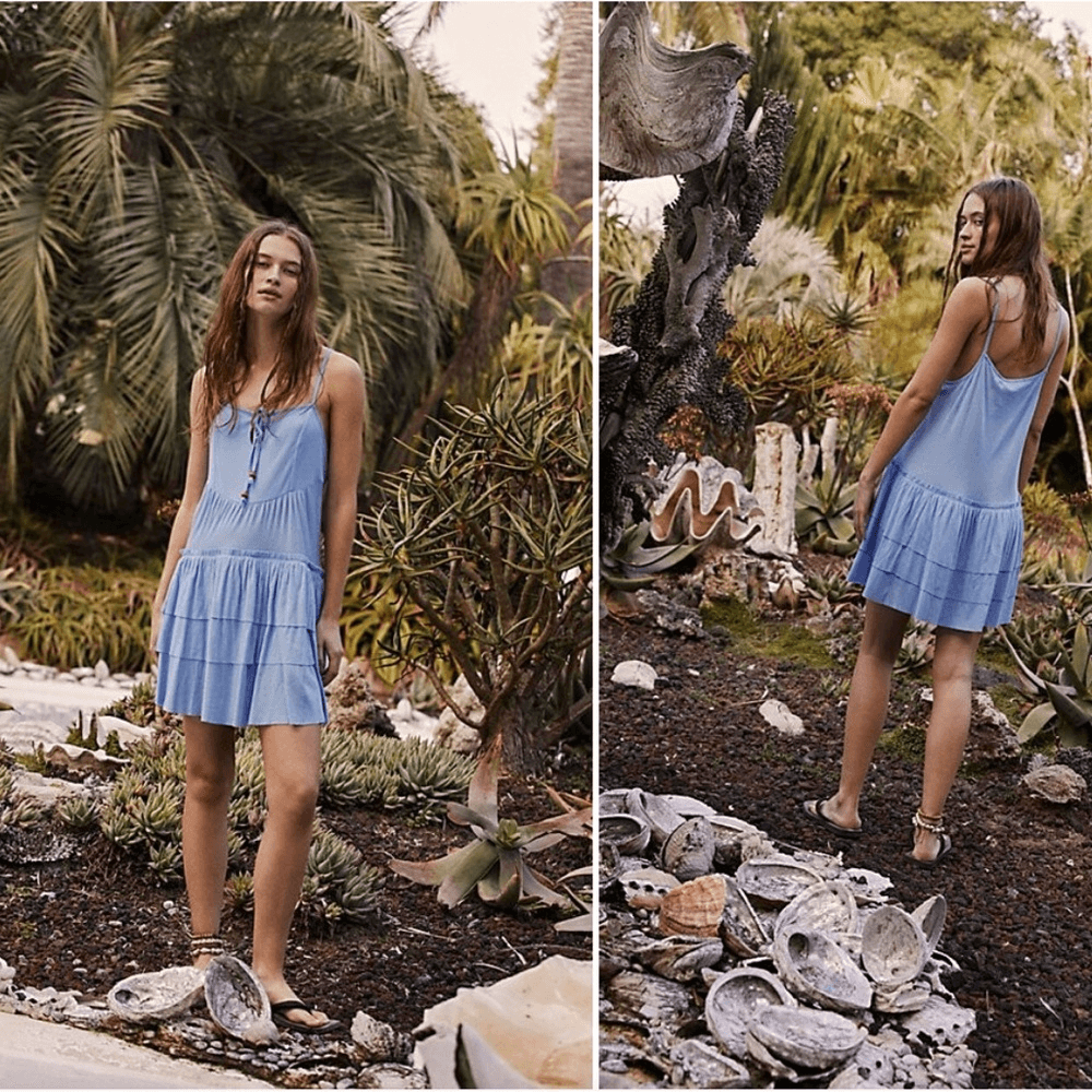free people blue babydoll dress NWOT Beach Noelle Mini Relaxed Keyhole Tiered XS * Slash hip pockets* Kylie and Kendall Jenner gender: Baby_Girl Denim dress Color:Citron