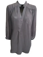 Fun2Fun gray tones pullover blouse sheer lone sleeve 1/4 button size Small woman