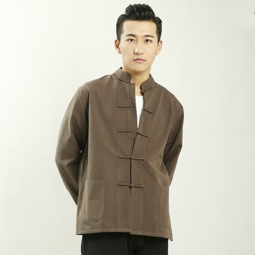 Men Cotton Shirt Top Jacket Coat Ethnic Chinese KungFu Frog Button Vintage Style - Picture 1 of 17