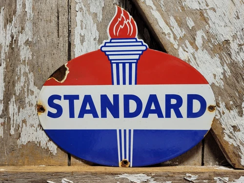 VINTAGE STANDARD PORCELAIN SIGN TORCH MOTOR OIL GAS STATION SERVICE AMOCO 12"