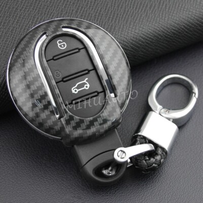 For Mini Cooper S One Countryman Clubman Carbon Fiber Key Fob Cover Case Chain