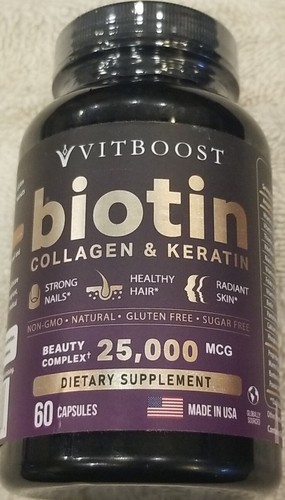VITBOOST Biotin Collagen & Keratin 25,000 mcg Nails Hair Skin 60 Caps Exp 06/26