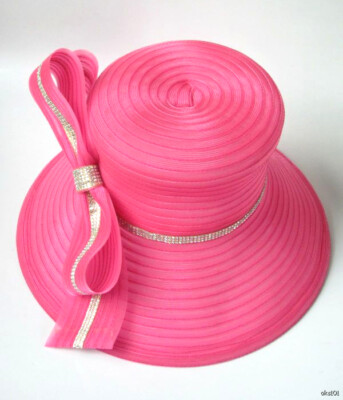 Tally Taylor Coral Pink Derby Church Hat NWT Stripe Crystal Large Bow Ribbon IMG_8896.jpg?v=1768626653 main image 4