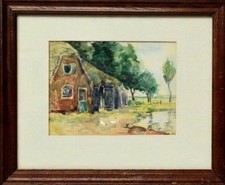 Altes Aquarell Landschaft Gehöft Bauernhaus Kate Bauernhof Hühner 36 x 30 cm