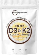 Vitamin D3 10000 Iu plus K2 MK-7 200 Mcg 300 Virgin Coconut Oil Softgels 2 I.