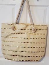 Lancome Large Tote Shopping Bag 18" x 14" x 5" LINEN GOLD STRIPE