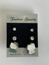 HELLO KITTY Earrings Rhinestone Studs Nickel Free 3 Pairs NEW