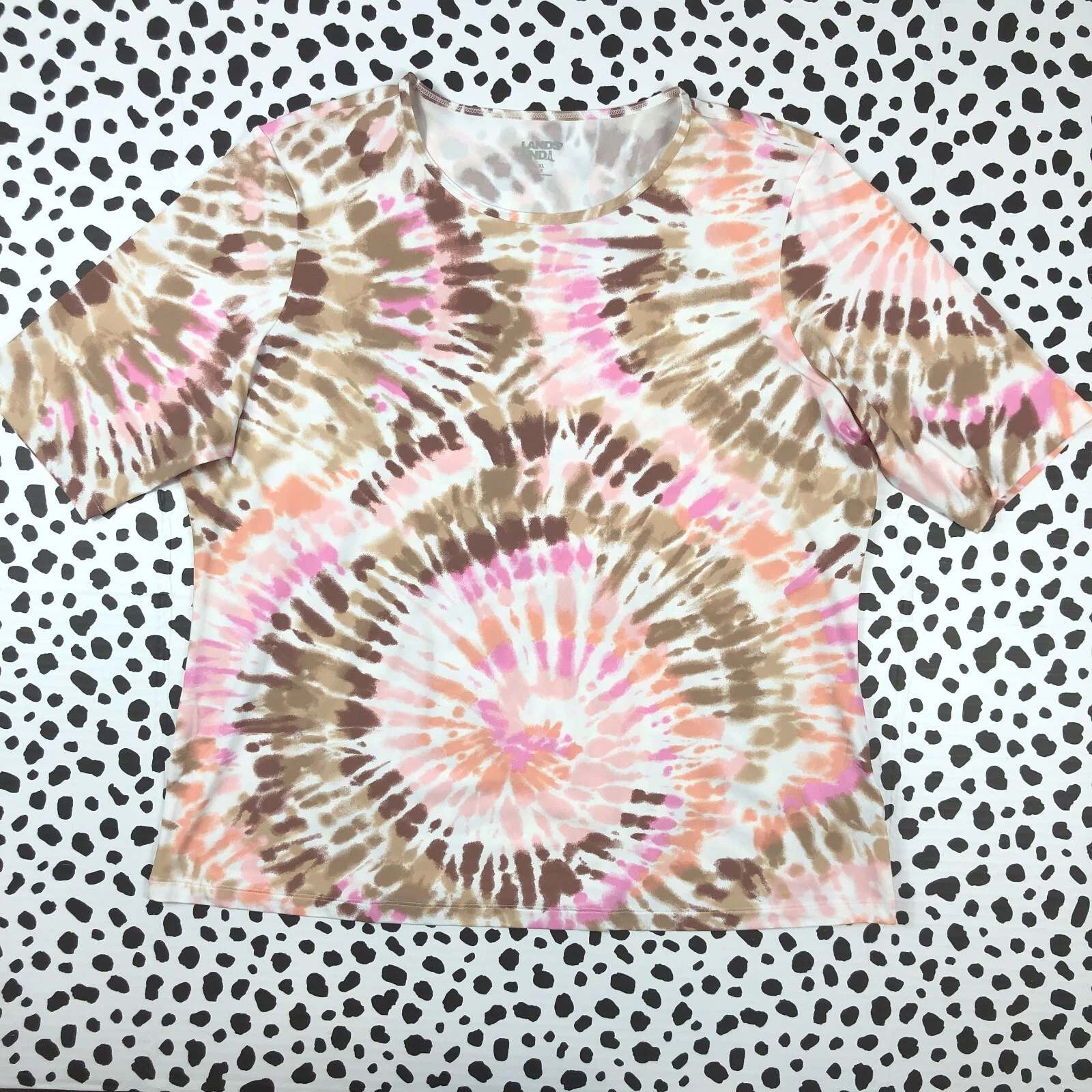 Lands End Pink Spattered Tie Dye Short Sleeve Cover Up SWIM shirt top XL x large