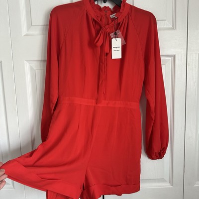 Express X Lady Gang NWT Womens Tie Ruffle Neck Long Sleeve Romper Sz 4 Coquette