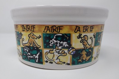 Heavy Ceramic Dog Food Water Bowl, Medium 24oz, with happy cartoon dogs ARF ARF