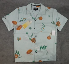 Malibu by Drill Men’s Medium Camp Shirt Blue Floral Mushroom AOP Print NWT