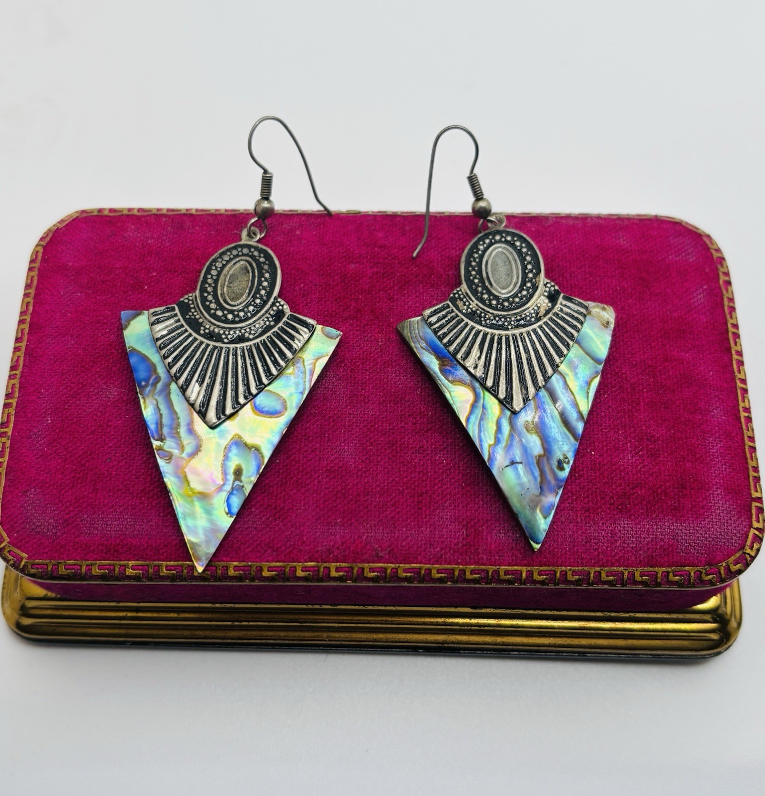 Vintage MOP Abalone Shell Triangle Drop Dangle Ea… - image 8