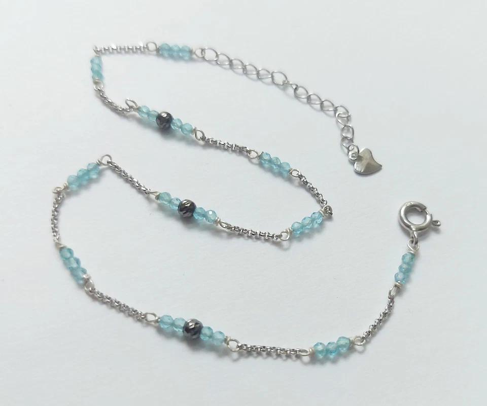 cavigliera argento 925 con cubic zirconia  blu e sfere di argento brunito - Immagine 4 di 4