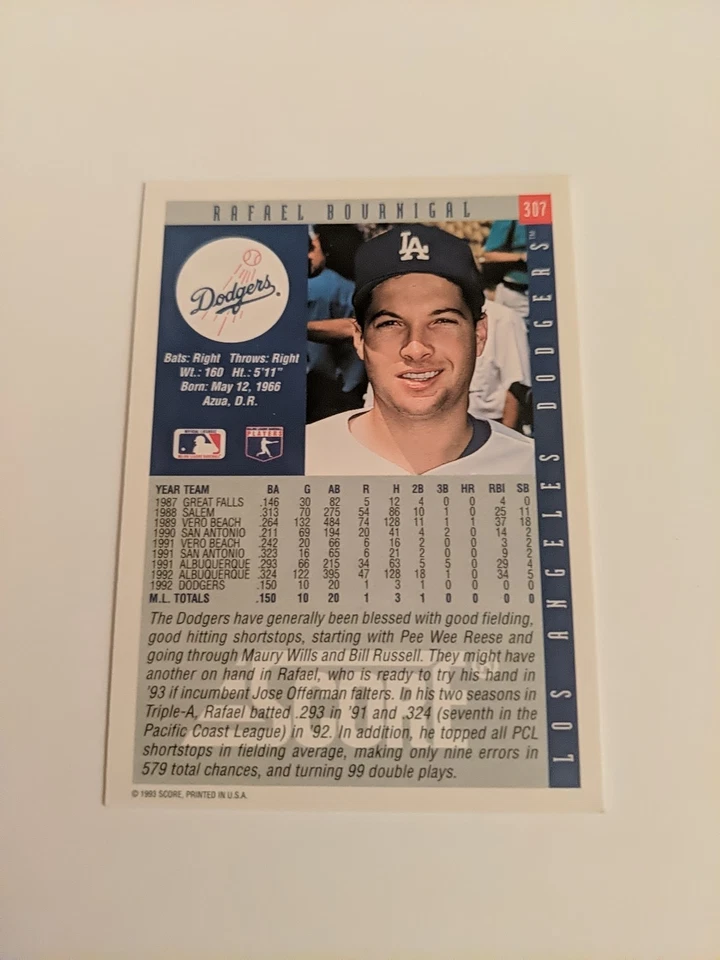 1993 Score Rafael Bournigal Rookie Los Angeles Dodgers #307 - Image 2 of 2