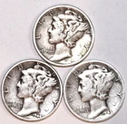 (3) Mercury Dimes - 1943D 1943P 1944P - Very Fine - #2859ED - FREE SHIPPING