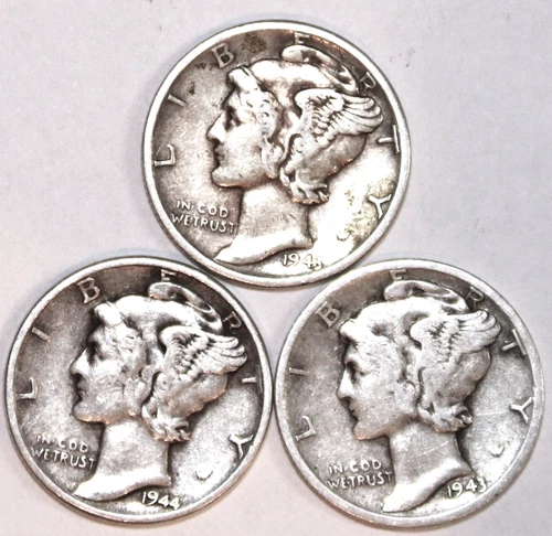 (3) Mercury Dimes - 1943D 1943P 1944P - Very Fine - #2859ED - FREE SHIPPING