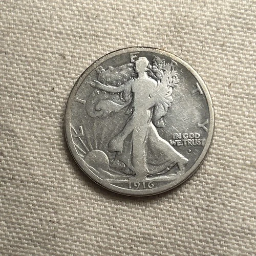 1916-D 50C Walking Liberty Half Dollar in Very Good VG Condition, PJ