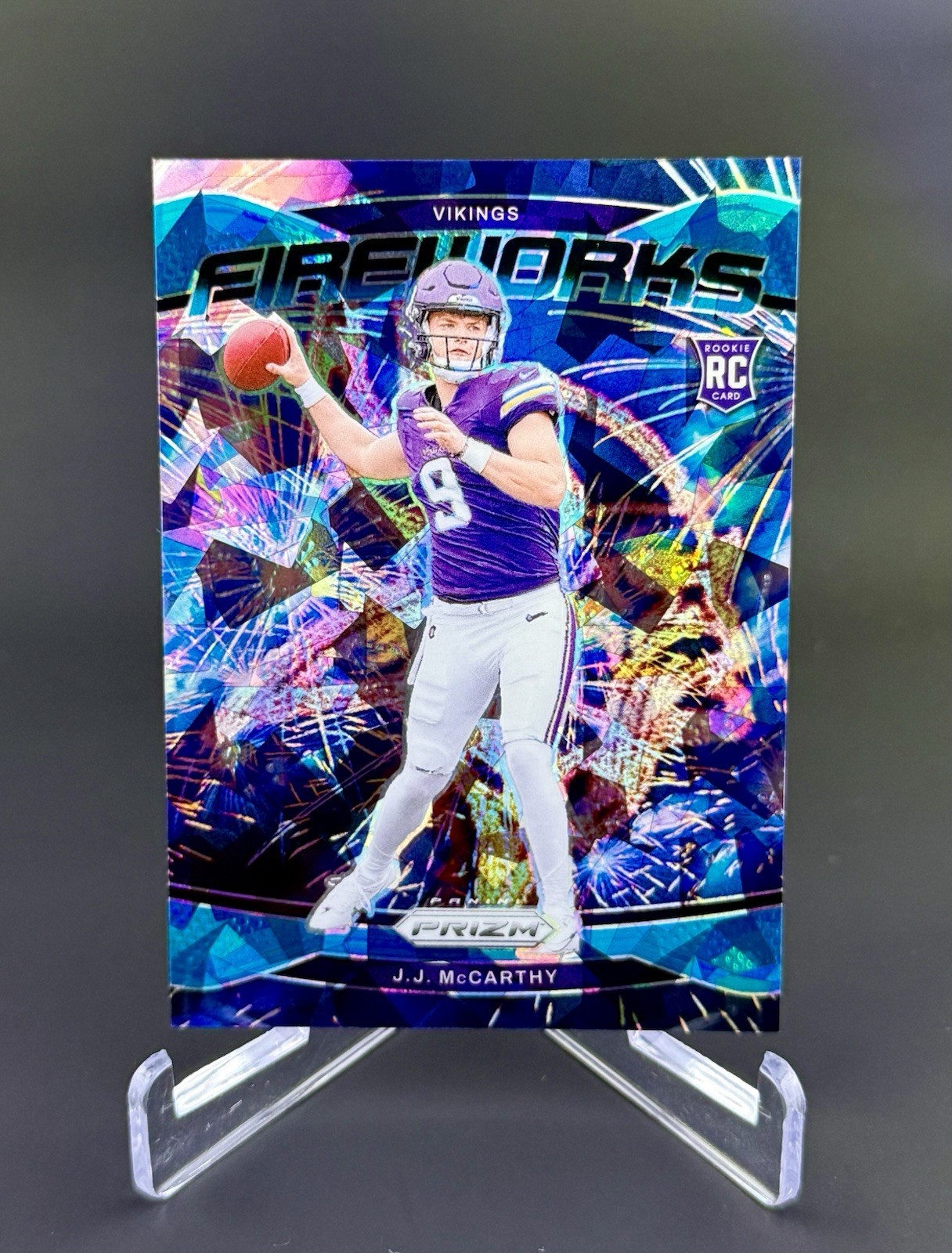 2024 Panini Prizm JJ McCarthy Fireworks Blue Ice /99 SP RC Minnesota Vikings