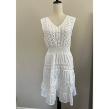 NAOO Nation AK Outfitters Dress Womens Medium White Crochet Smocked Waist Lined 