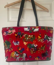 Christmas Holiday Tote Bag Farm Animals With Barn Cows Pigs Chickens Sheep Goat
