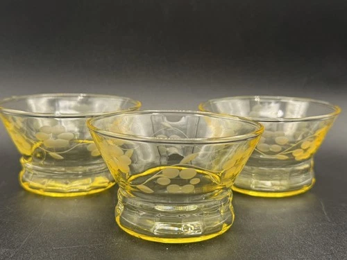 Vintage Lancaster Yellow Jubilee Etched Custard Cups Depression Glass set of 3