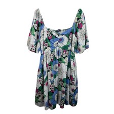 GAP Size XL White Pink Green Floral Smocked Puff Sleeve Mini Dress Spring Boho