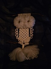 Vintage 1970's Macrame Owl Wall Hanging 24in Driftwood Boho Wood Eyes