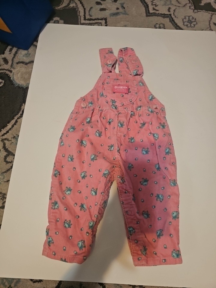 Vintage Baby Girl Oshkosh b'gosh Pink Floral Overalls Corduroy 12 Mo