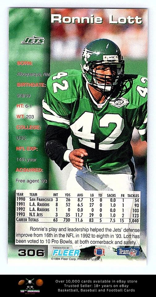 1994 GameDay FOOTBALL #306 Ronnie Lott - Image 2 of 2