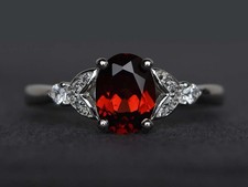 925 Sterling Silver Red Garnet Oval Gemstone Women Modern Ring Duty Free