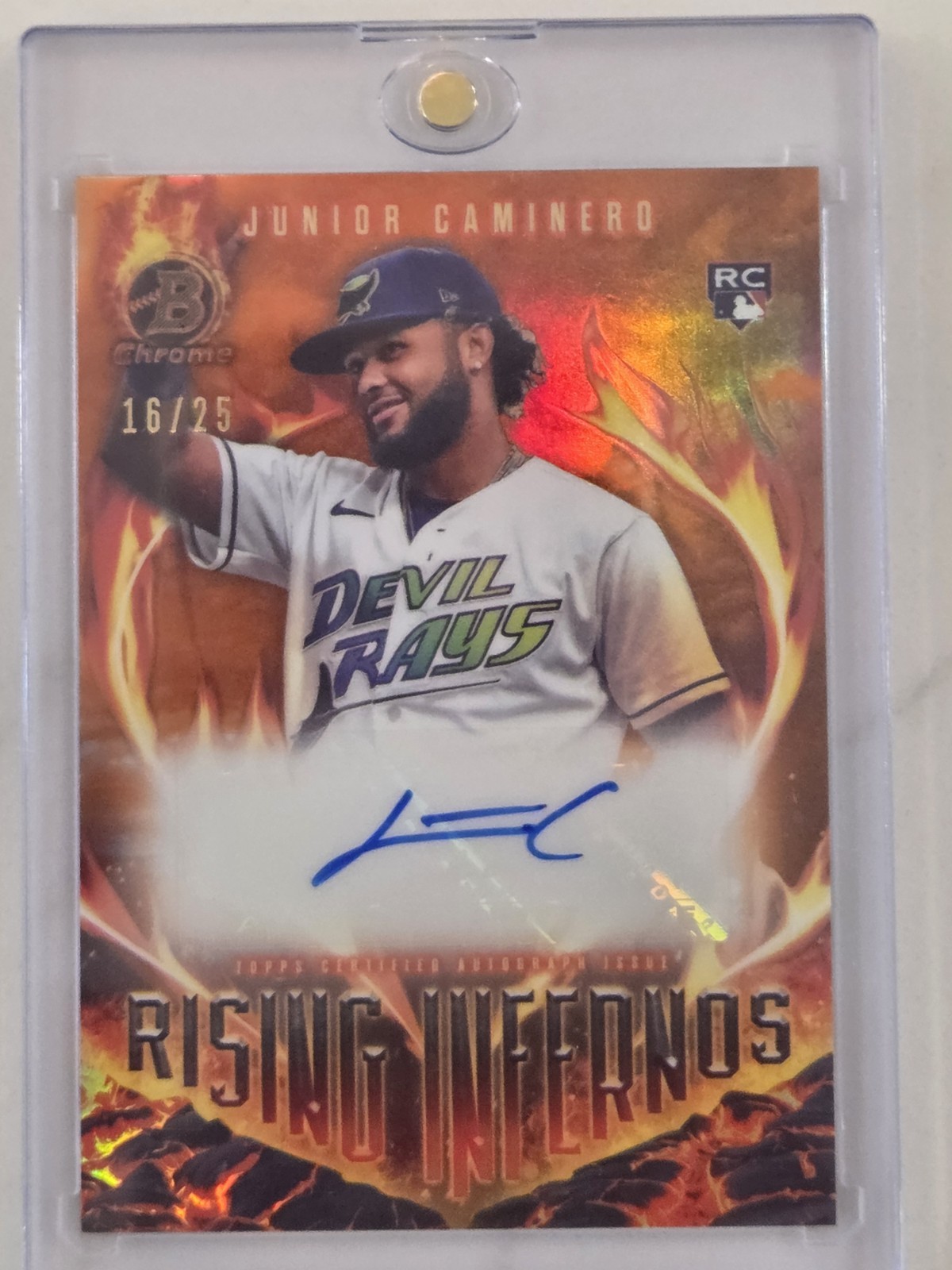2024 Bowman Chrome Junior Caminero Rising Infernos RC Auto Orange Refractor /25 