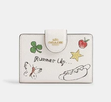 Coach Medium Corner Zip Wallet With Sketch Print In Gold/Chalk Multi CAO94 NWT