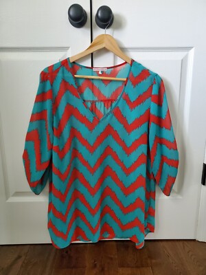 Women's Size 1X V-neck Pullover Blouse Boho Top Chevron Flowy Sheer Tunic Dressy